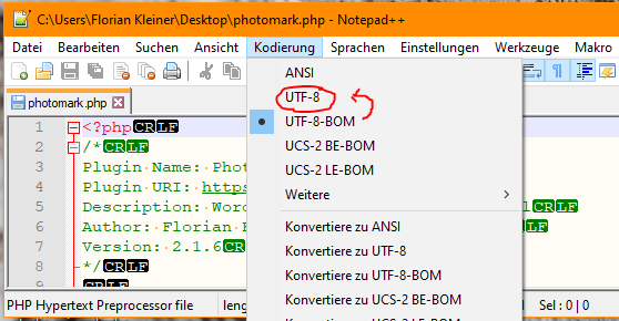  Änderung der Kodierung auf UTF-8 ohne BOM