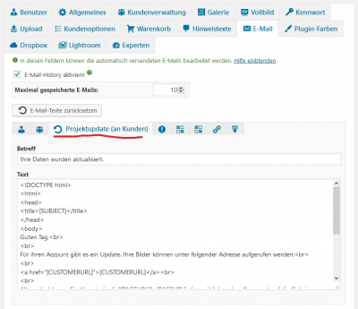 Text der Projektupdate-E-Mail